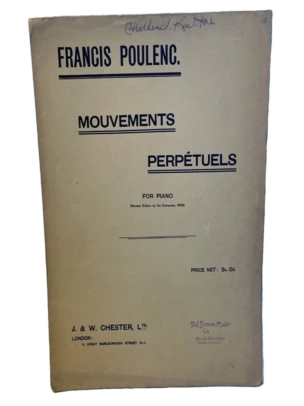 Francis Poulenc Mouvements Perpetuels for Piano Sheet Music rev 1939 J W Chester
